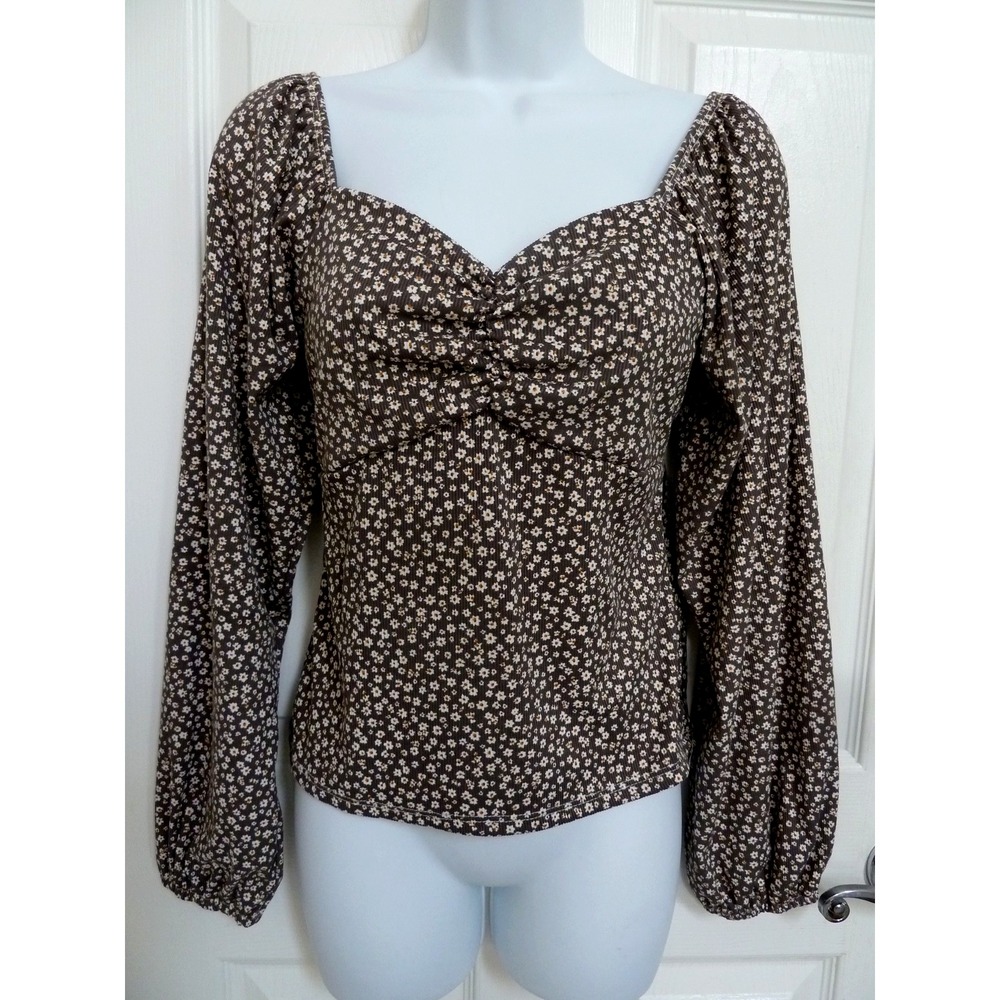 Vibe Sportswear Brown Daisy Floral Milkmaid Blouse Large Balloon Sleeve Cropped